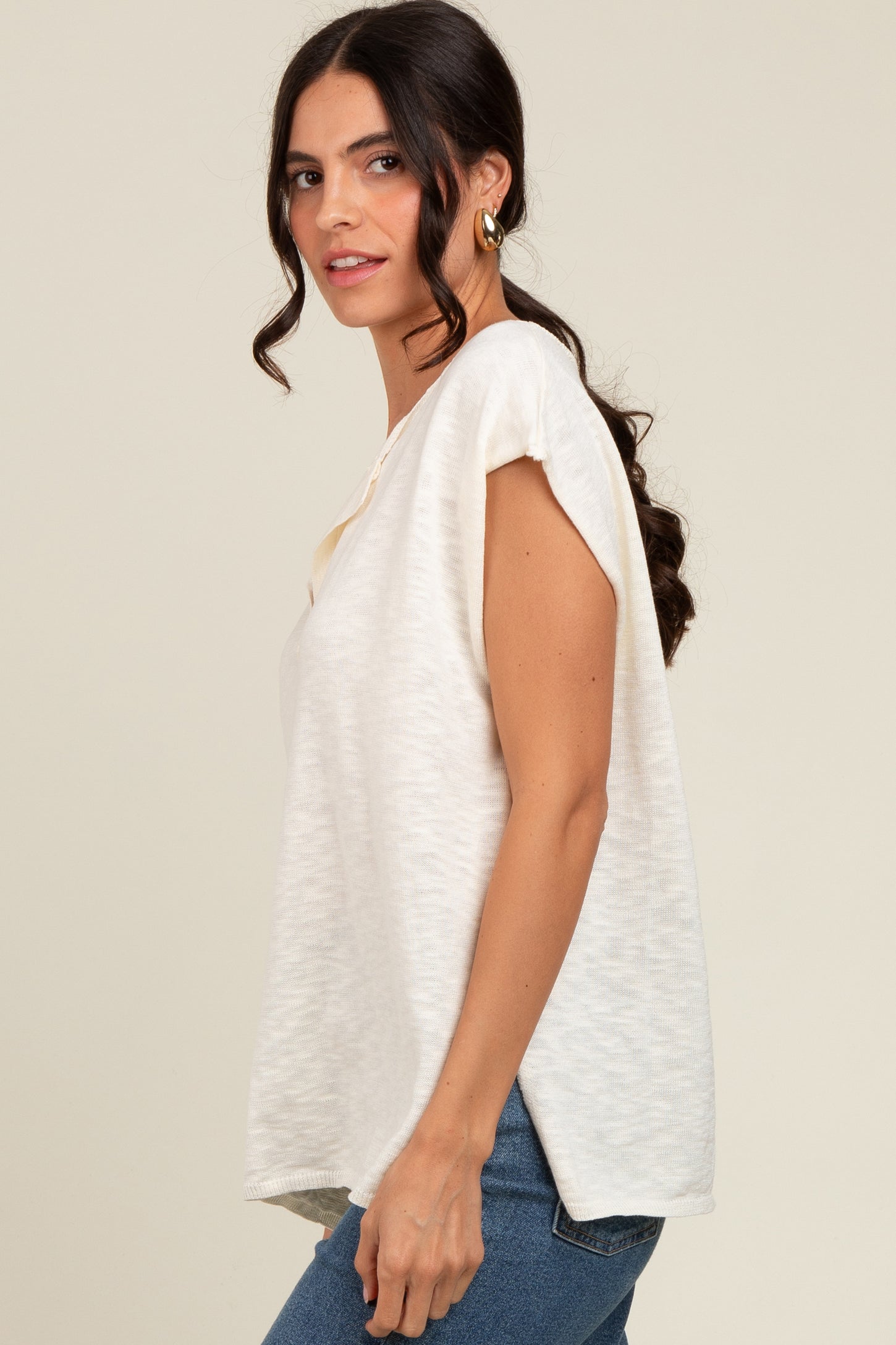 Ivory Two Tone Split V-Neck Dolman Short Sleeve Top