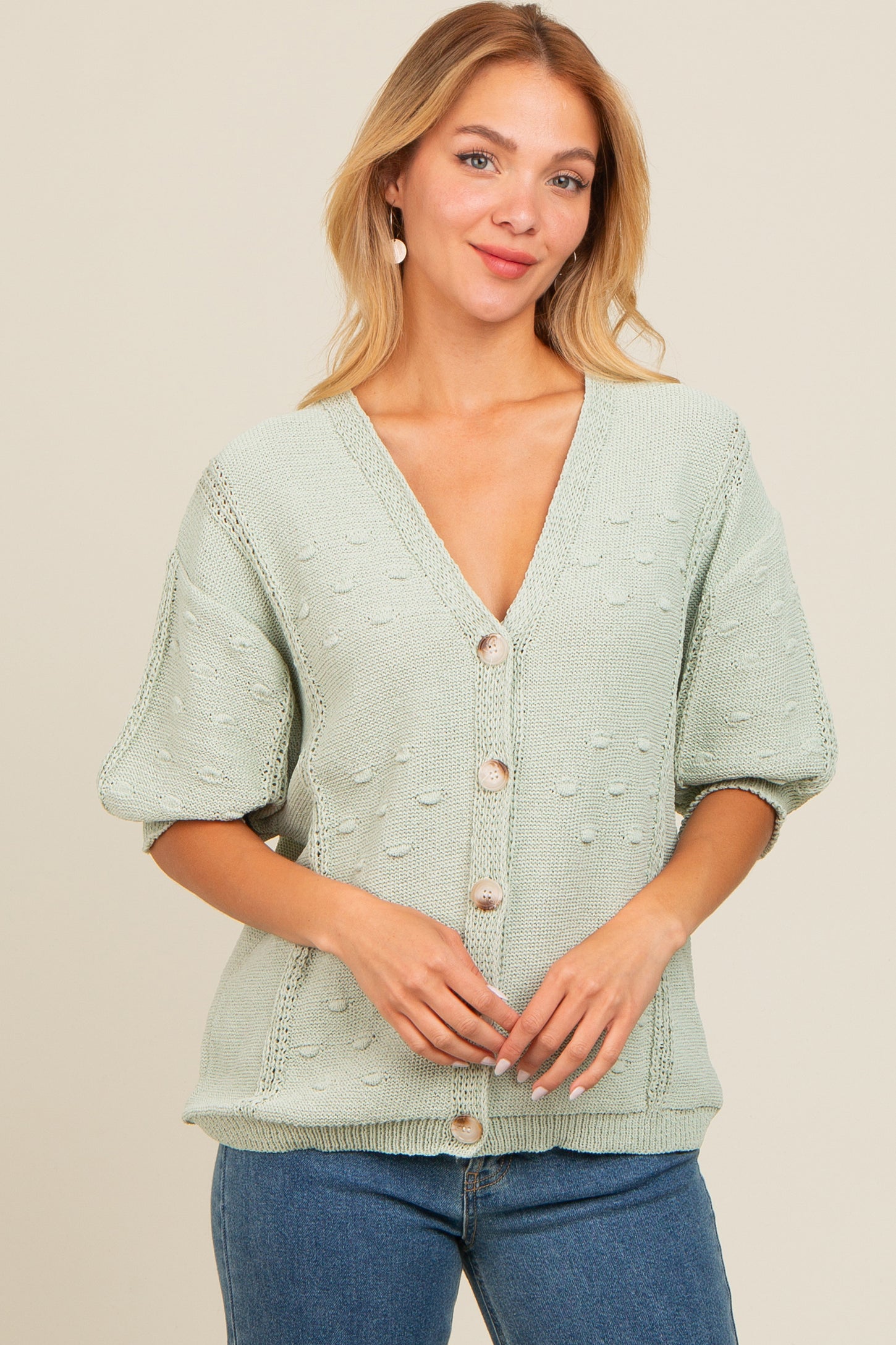 Light Olive Textured V-Neck Short Sleeve Maternity Cardigan