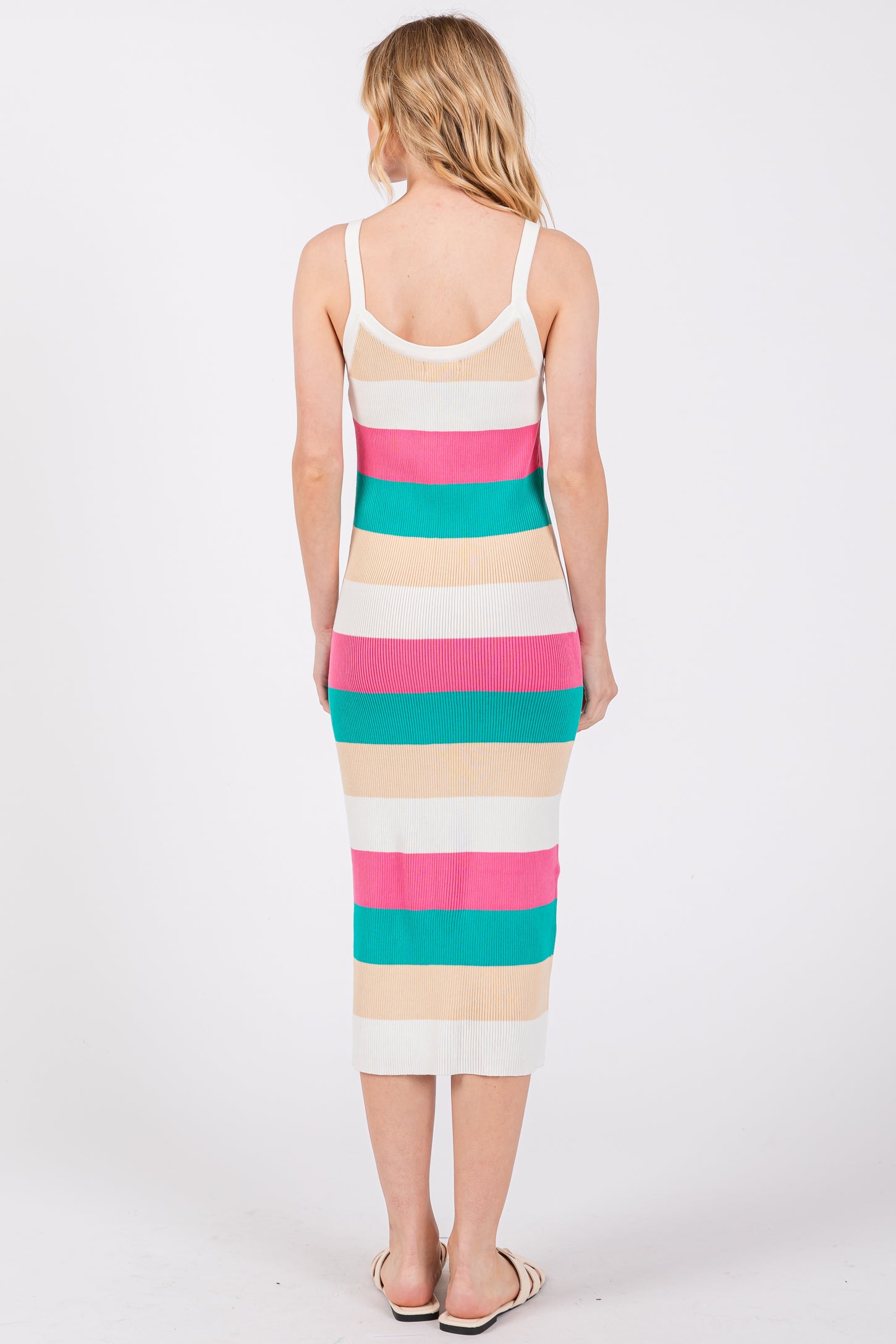 Pink Wide Stripe Knit Midi Dress