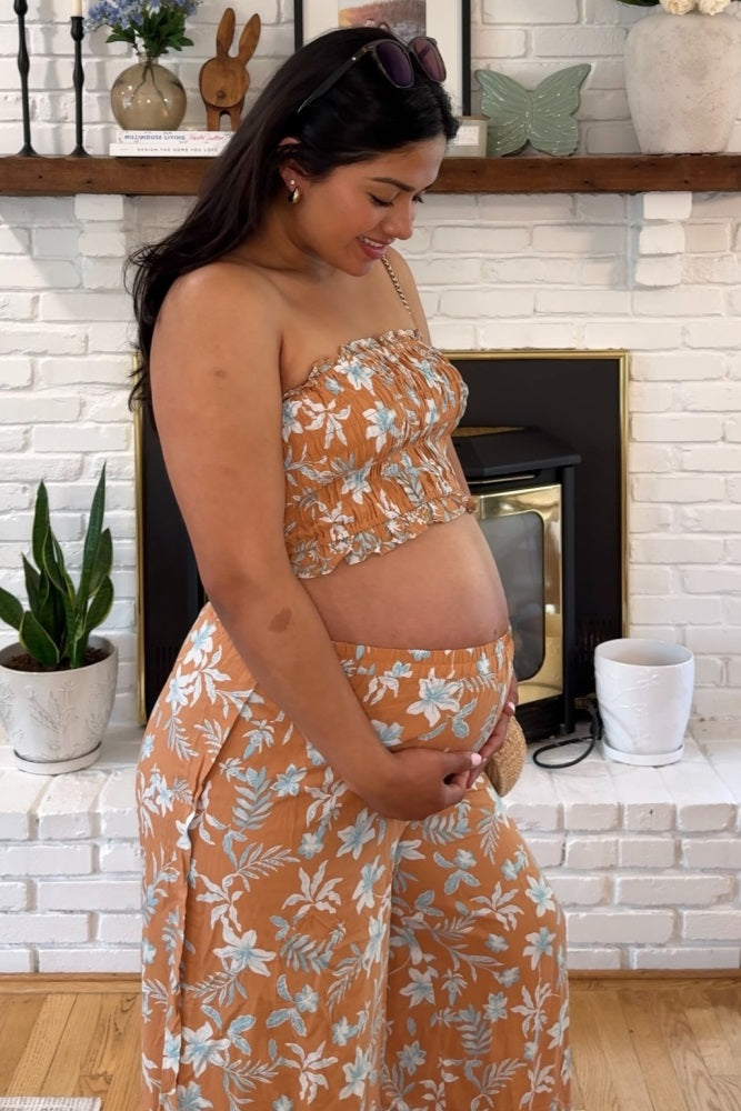 Camel Floral Tube Top Wide Leg Pant Maternity Set