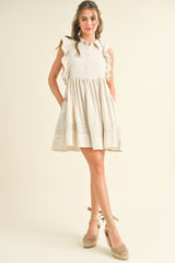 Beige Button Front Flutter Sleeve Mini Dress