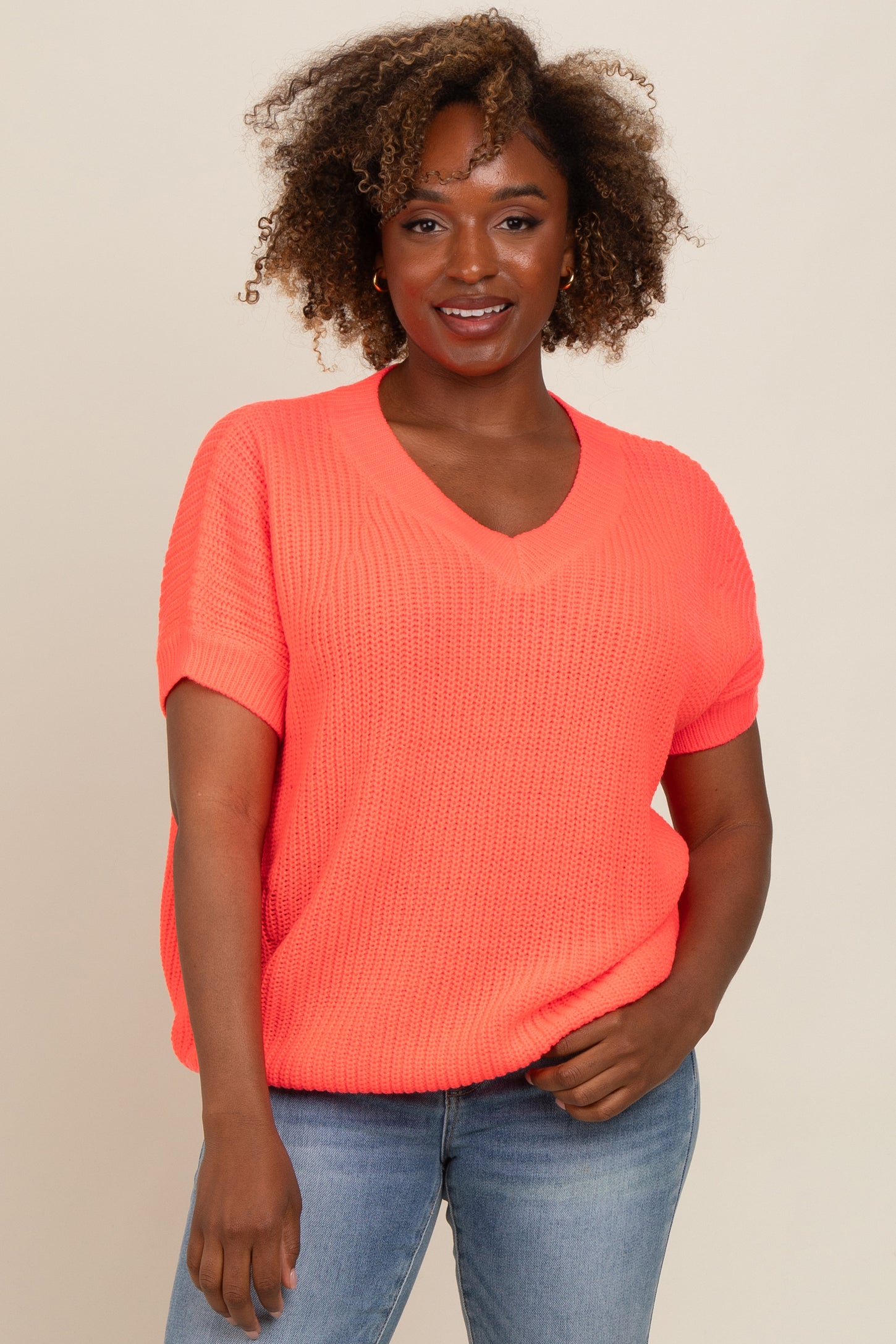 Coral V-Neck Chunky Knit Sweater Maternity Top