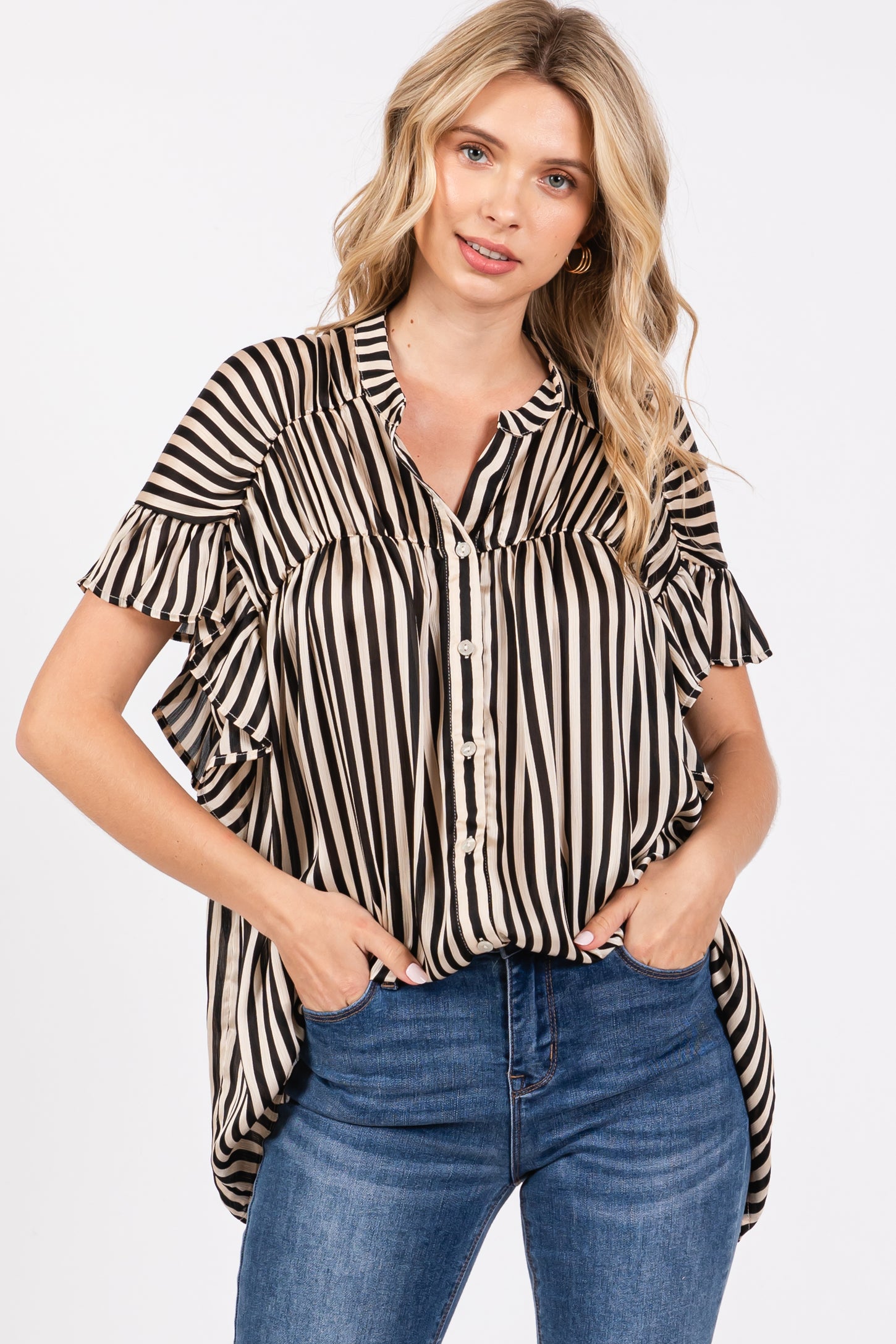 Black Striped Ruffle Sleeve Button Down Maternity Blouse