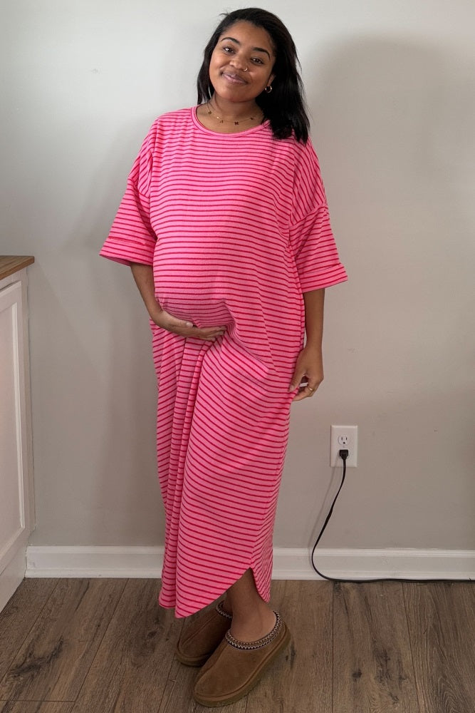Fuchsia Striped Terry Maternity Maxi Dress