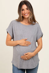 Grey Rolled Cuff Maternity Short Sleeve Top