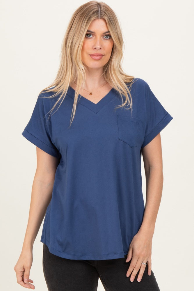 Navy V-Neck Pocket Short Sleeve Shirt