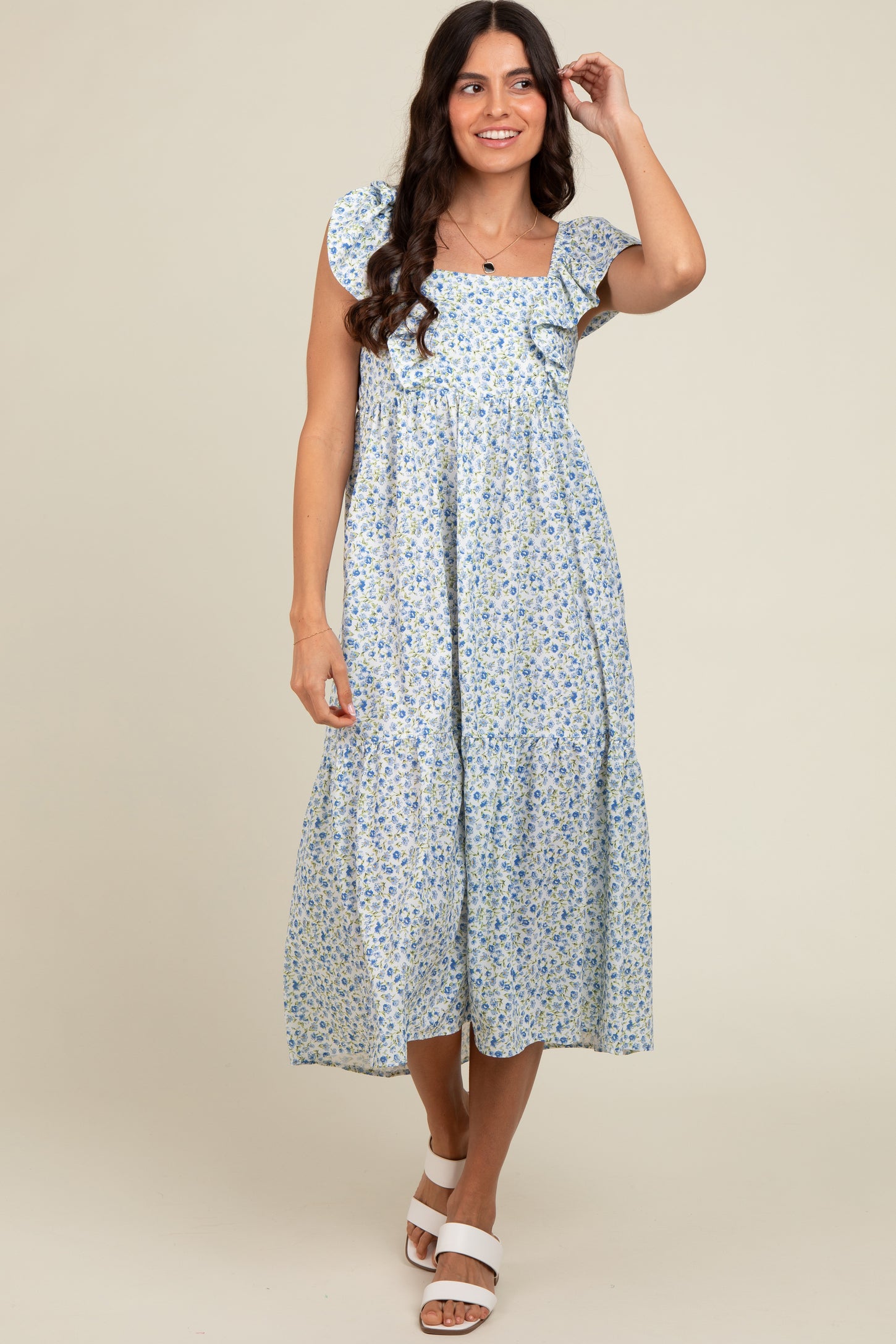 Blue Floral Ruffle Off Shoulder Midi Dress