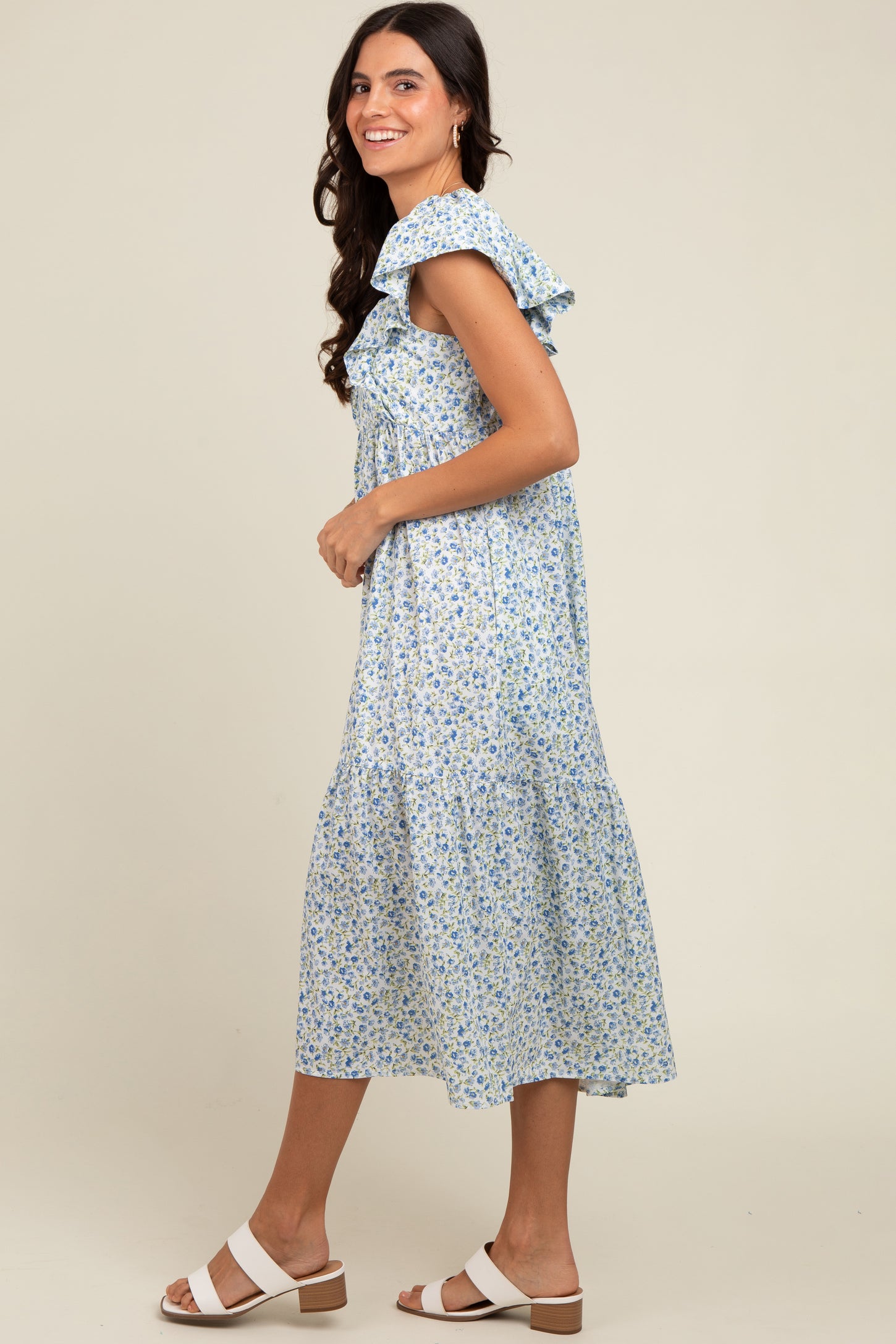 Blue Floral Ruffle Off Shoulder Midi Dress
