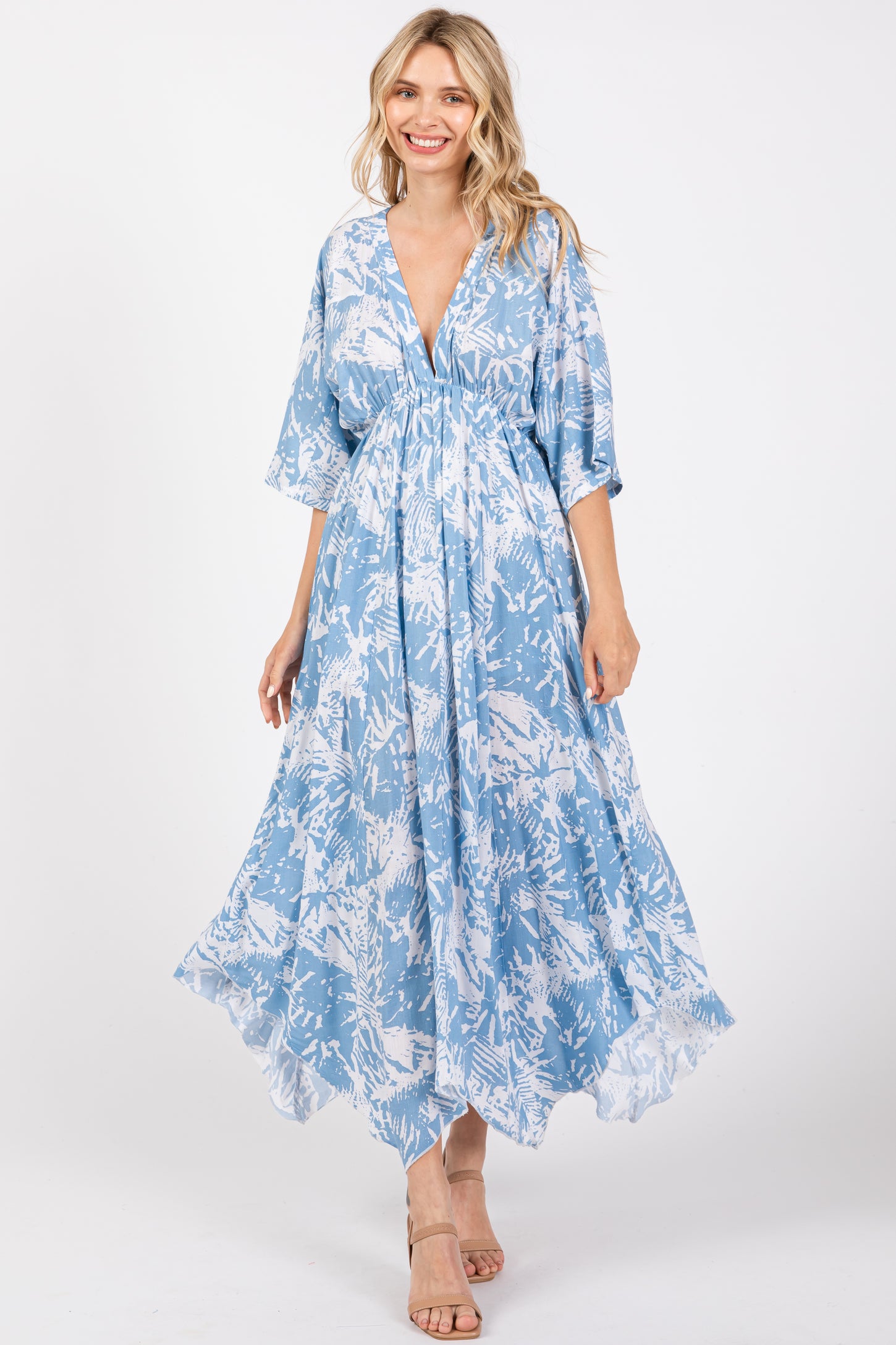Blue Printed V-Neck Draped Maxi Dress