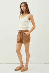 Brown Drawstring Side Pocket Shorts