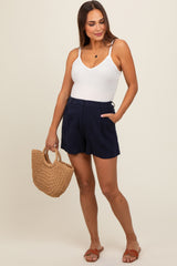Navy Blue Pleated Clasp Front Maternity Shorts