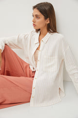 Ivory Striped Linen Button Front Long Sleeve Top
