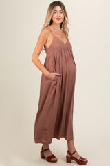 Mocha V-Neck Sleeveless Maternity Midi Dress