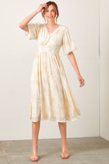 Cream Floral Smocked Waist Midi Dress