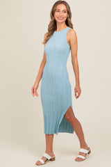 Light Blue Ribbed Side Slit Sleeveless Midi Dress