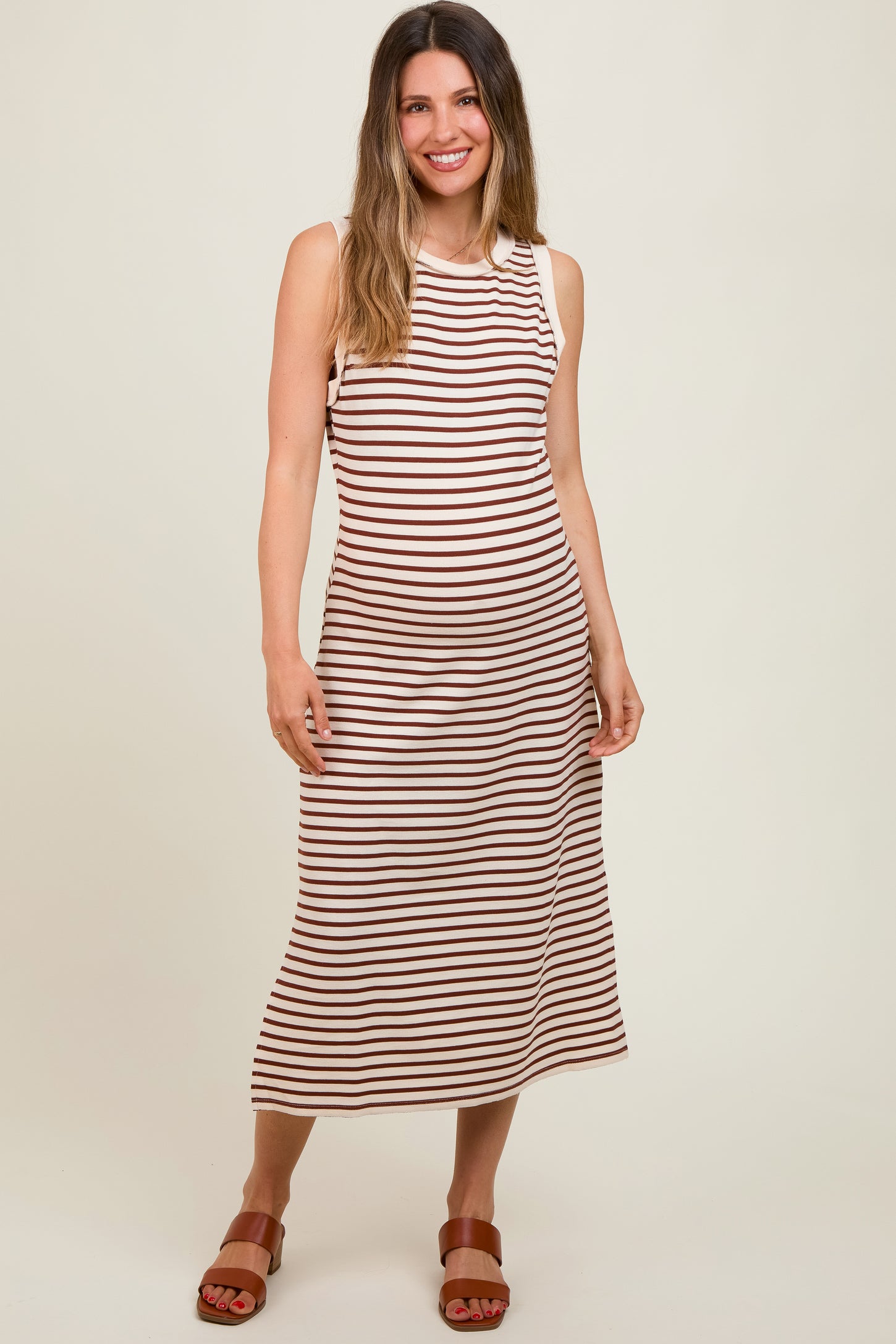 Mocha Striped Sleeveless Maternity Midi Dress