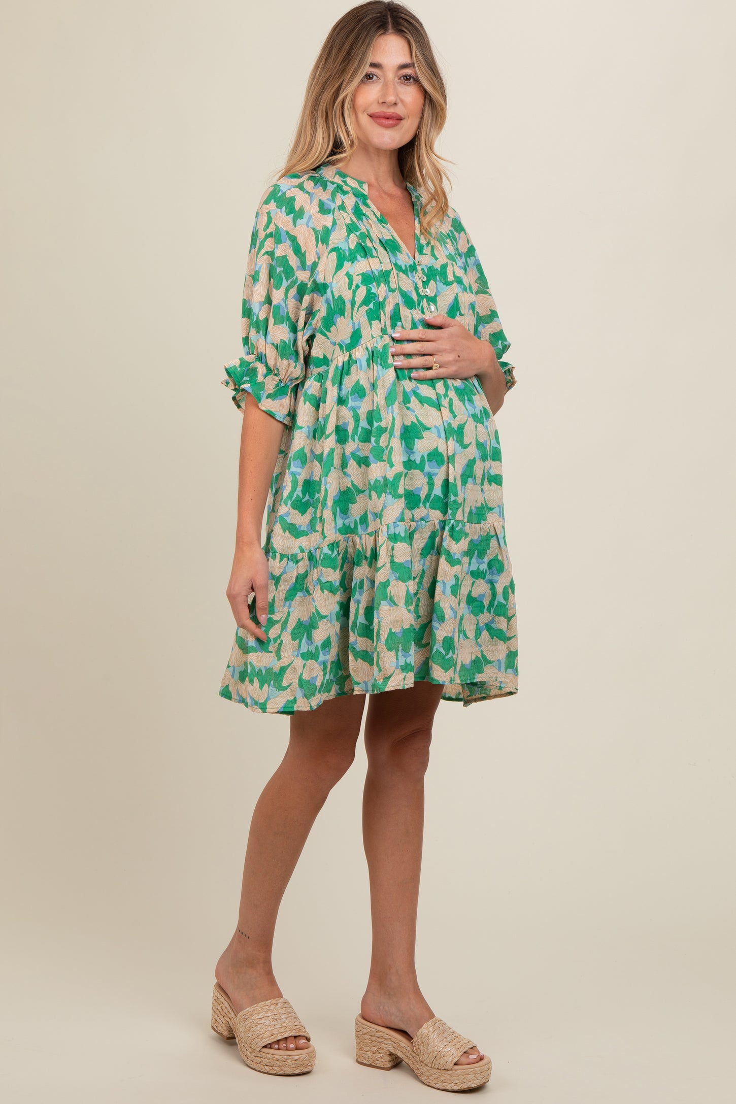 Green Floral Button Tiered Maternity Dress