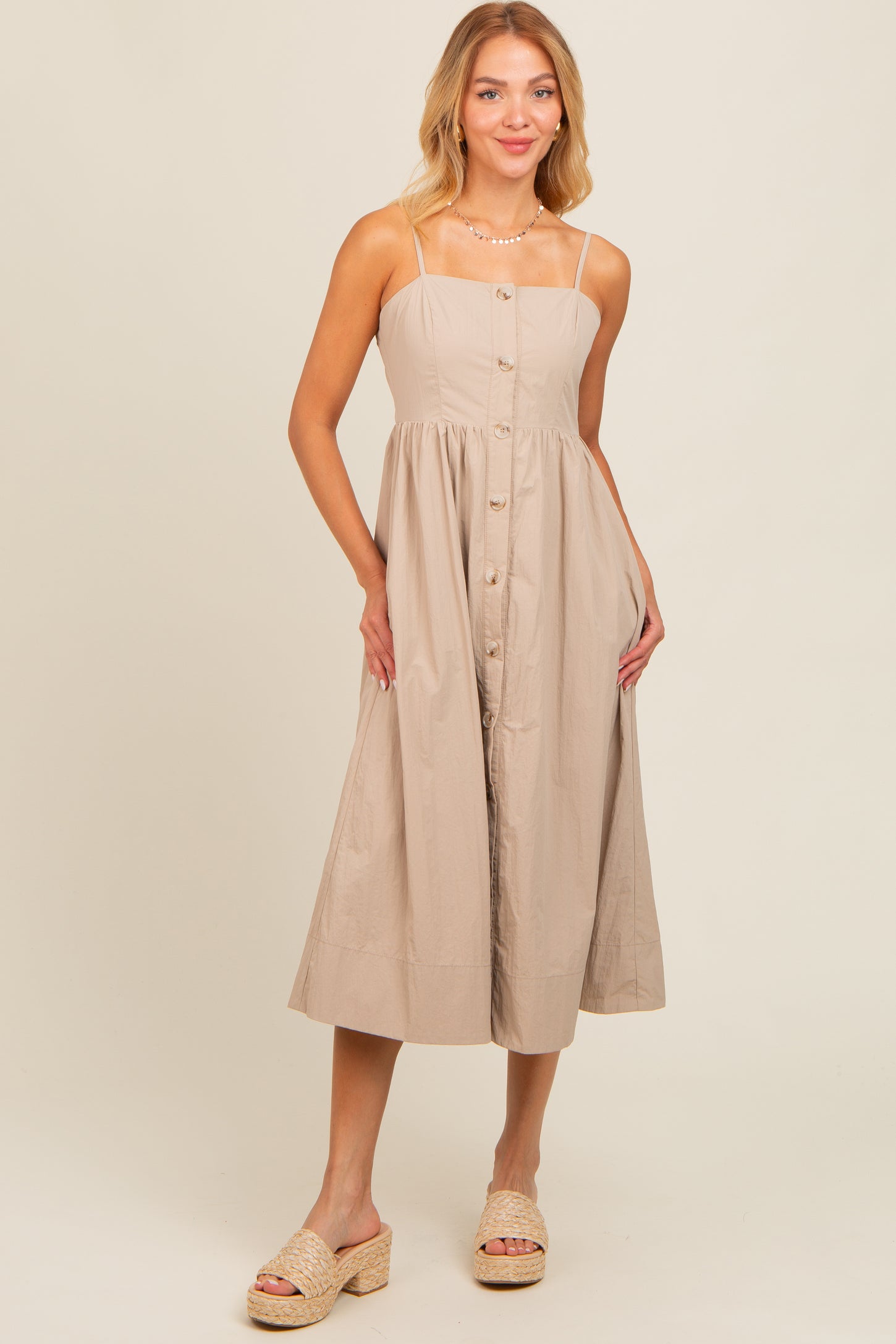 Taupe Sleeveless Button Down Maternity Midi Dress