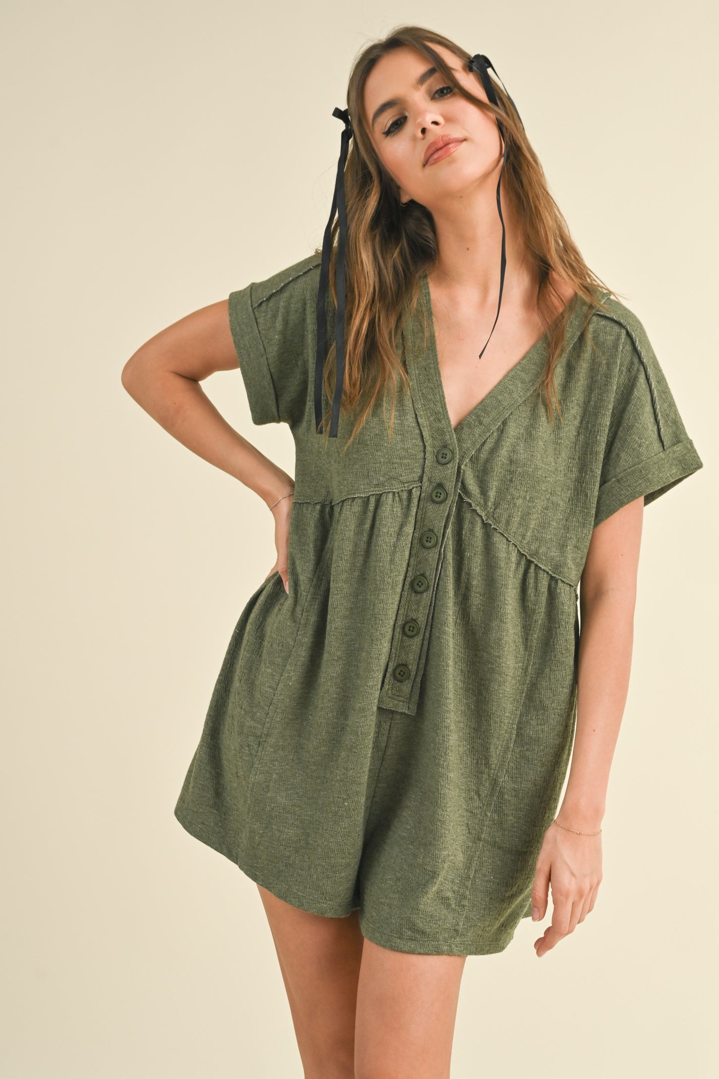Olive Button Up Raw Hem Romper