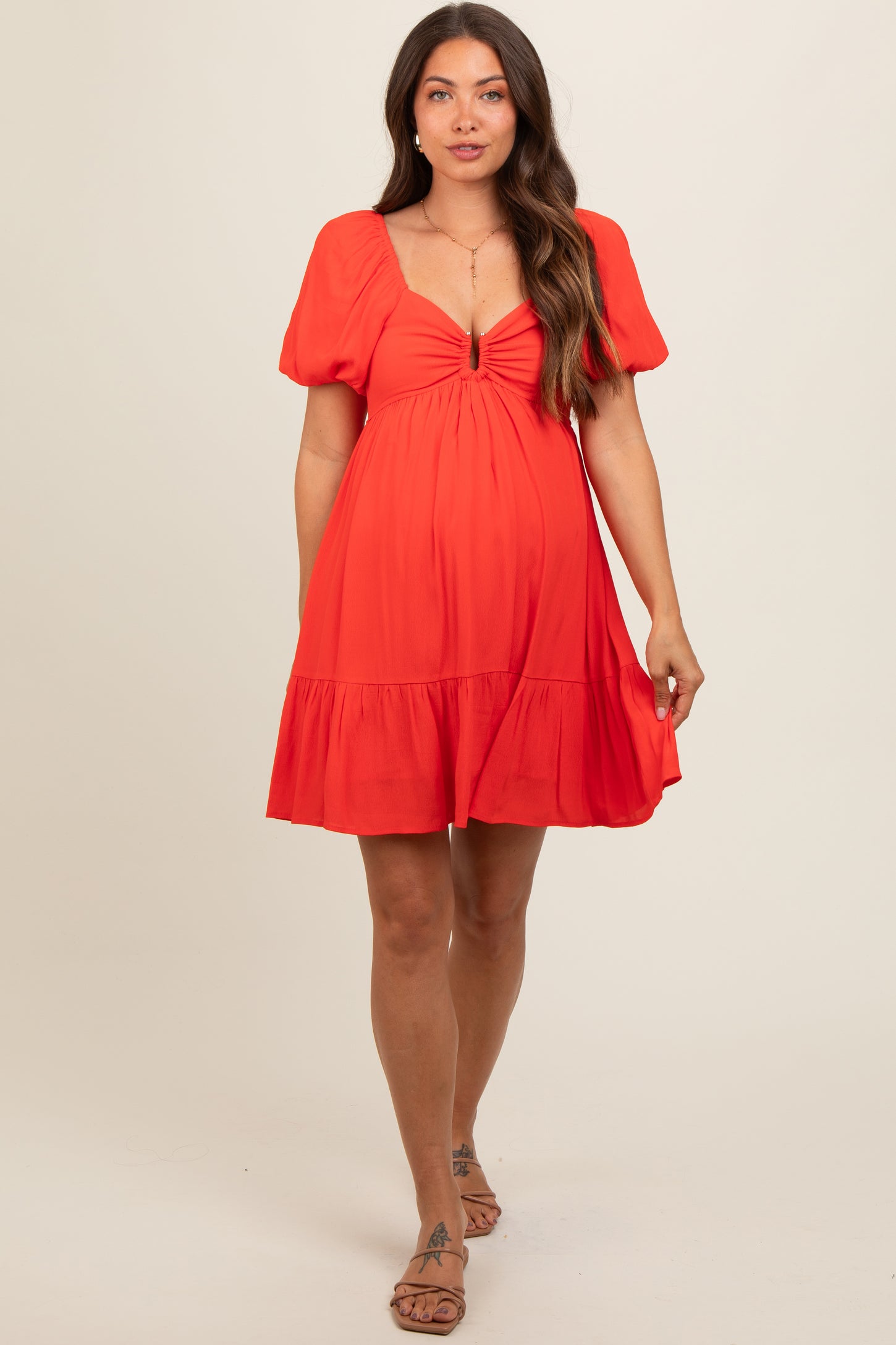 Red U Notched Bubble Short Sleeve Maternity Dress