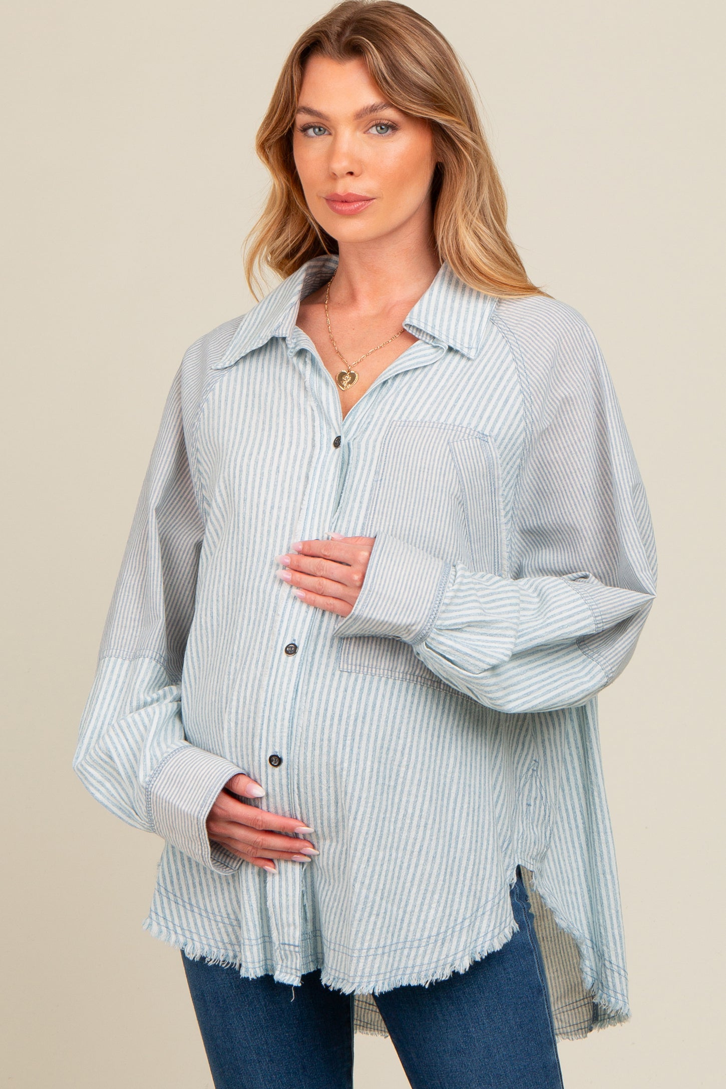Blue Striped Button Down Oversized Long Sleeve Maternity Top