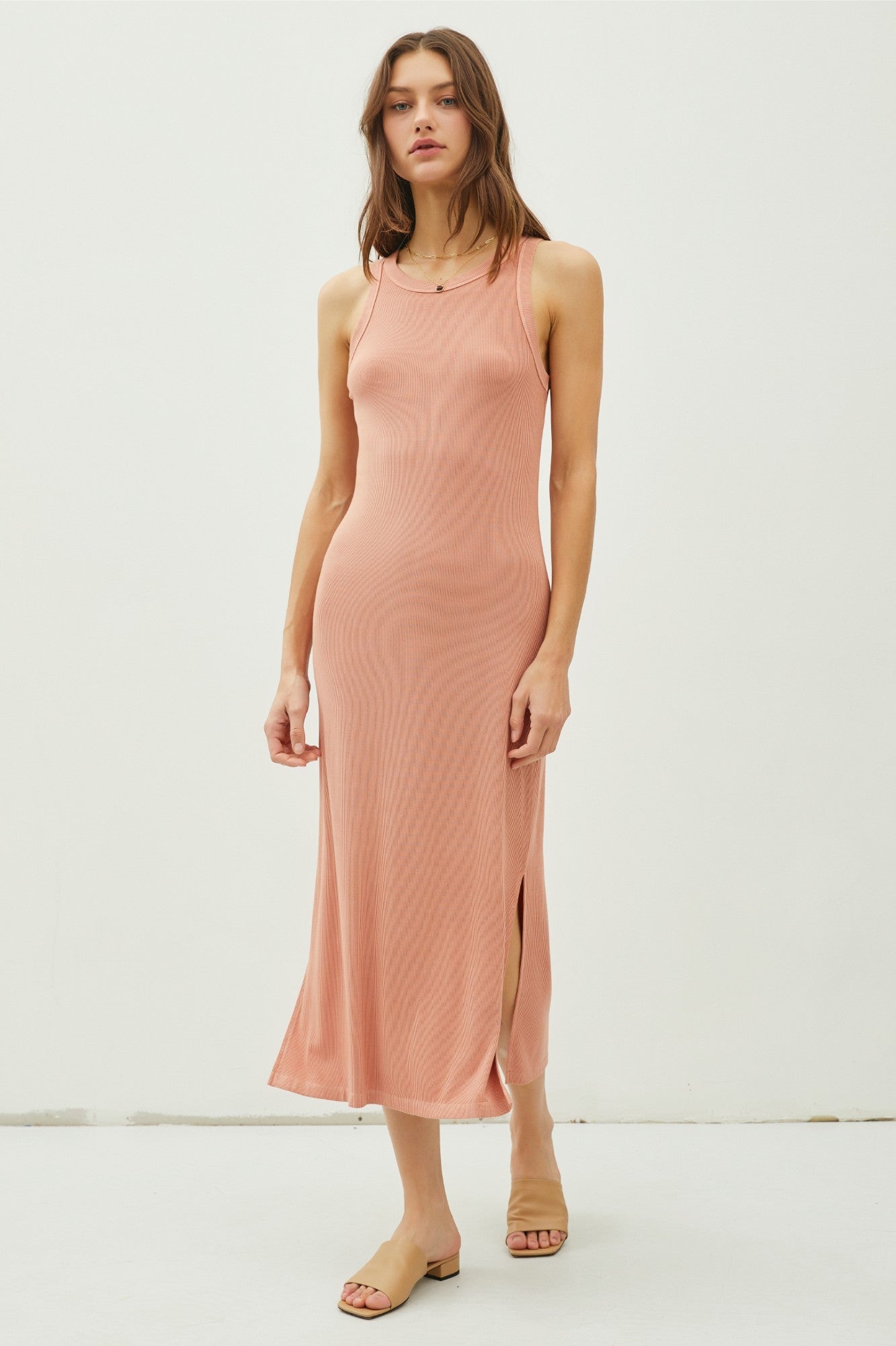 Rust Ribbed Knit Side Slit Sleeveless Maternity Dress