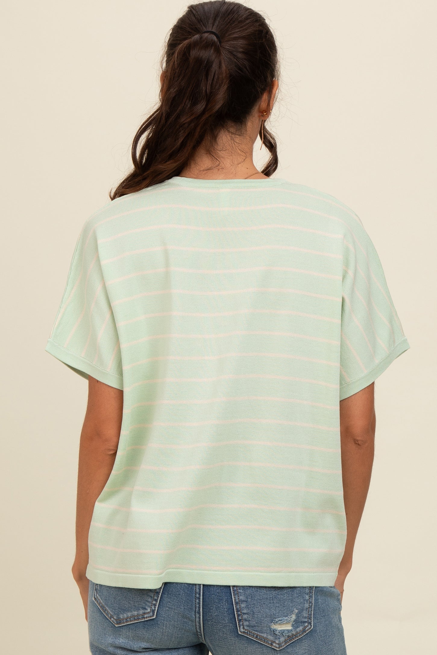 Mint Green Striped Boxy Short Sleeve Top