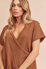 Camel Wrap Short Sleeve Raw Hem Top