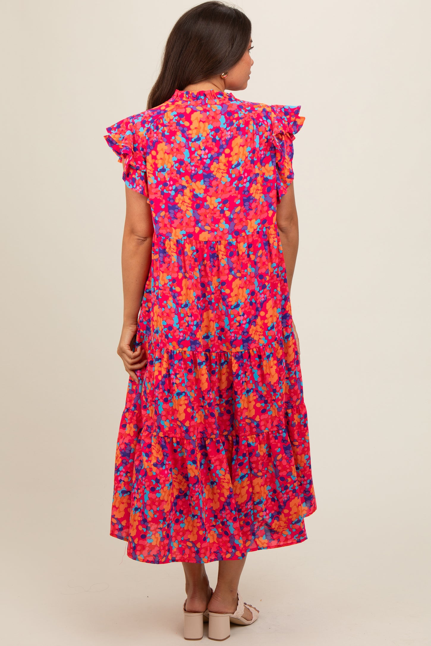Fuchsia Layered Ruffle Shoulder Tiered Maternity Midi Dress