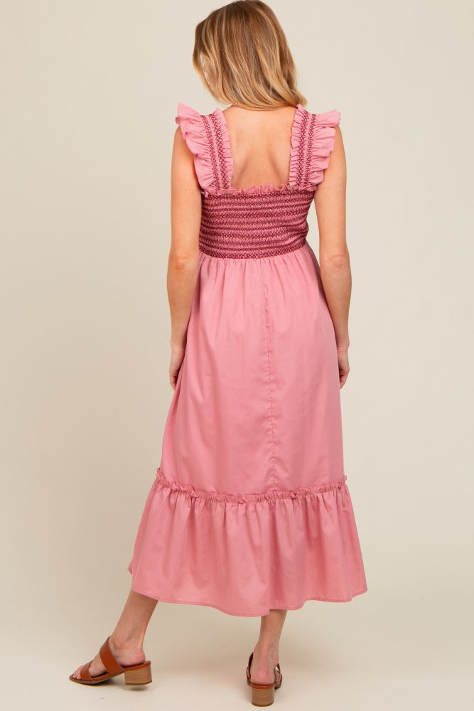 Mauve Contrast Stitch Smocked Ruffle Strap Maternity Midi Dress