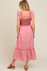 Mauve Contrast Stitch Smocked Ruffle Strap Maternity Midi Dress