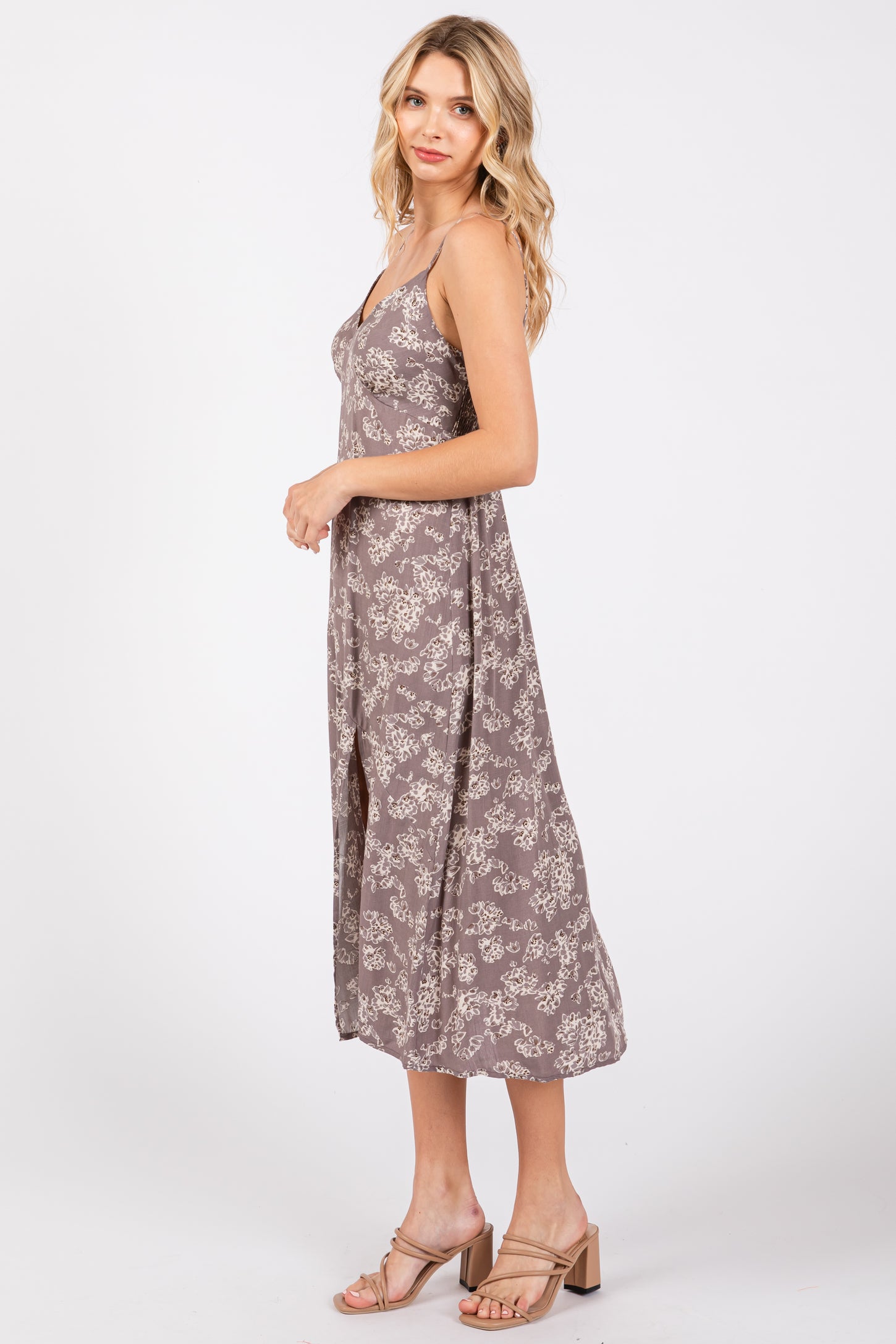 Grey Floral Side Slit Midi Dress