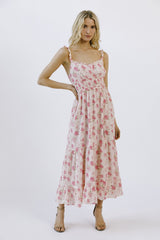 Pink Floral Print Ruffled Midi Dress