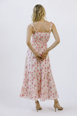 Pink Floral Print Ruffled Midi Dress