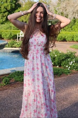 Pink Floral Print Ruffled Midi Dress