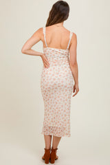 Orange Floral V-Neck Sleeveless Maternity Midi Dress