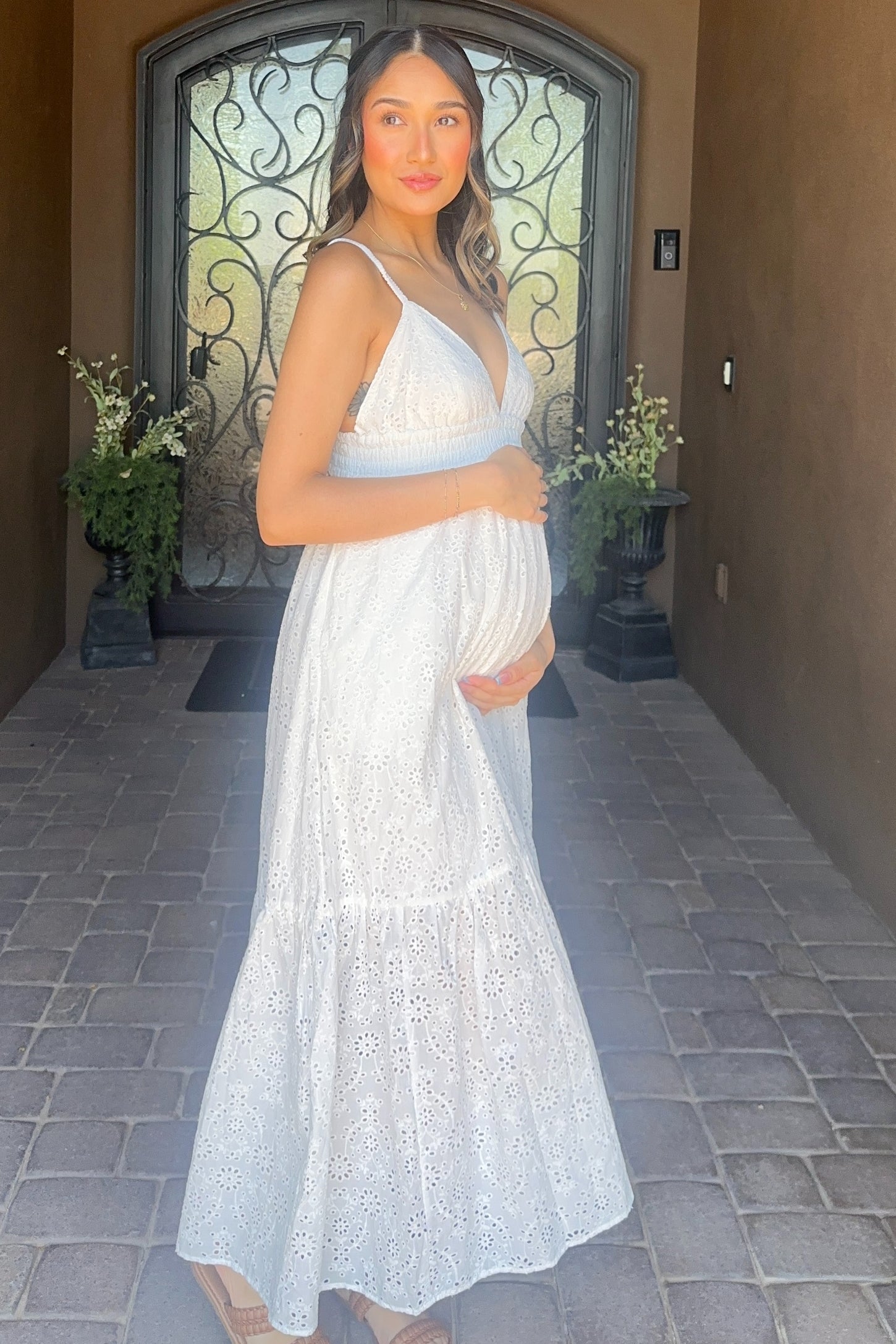 Ivory Eyelet Lace Smocked Cutout Maternity Maxi Dress