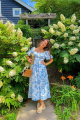 Blue Floral Puff Sleeve Midi Dress