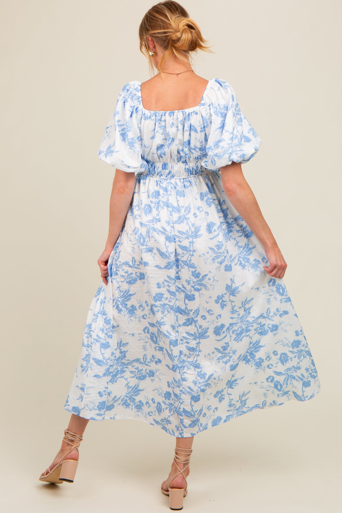 Blue Floral Puff Sleeve Maternity Midi Dress