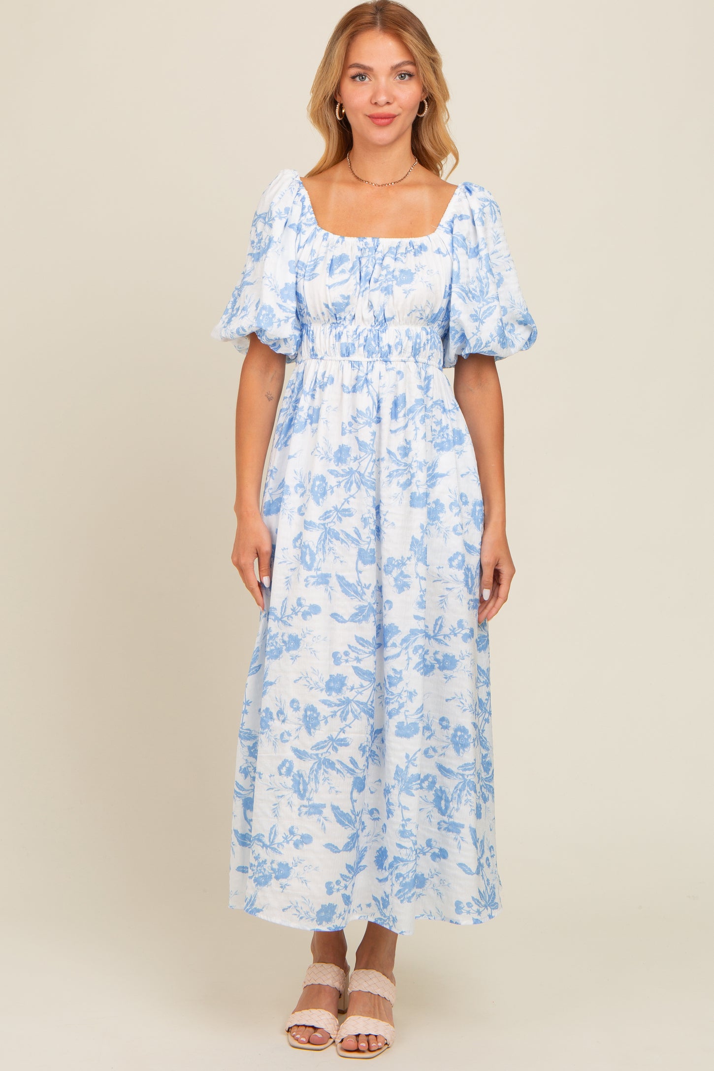 Blue Floral Puff Sleeve Midi Dress