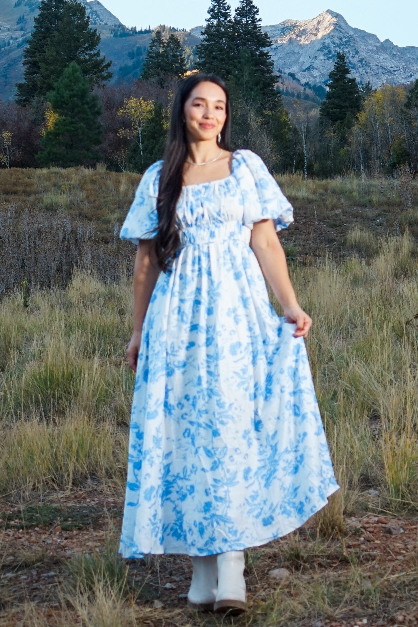 Blue Floral Puff Sleeve Midi Dress