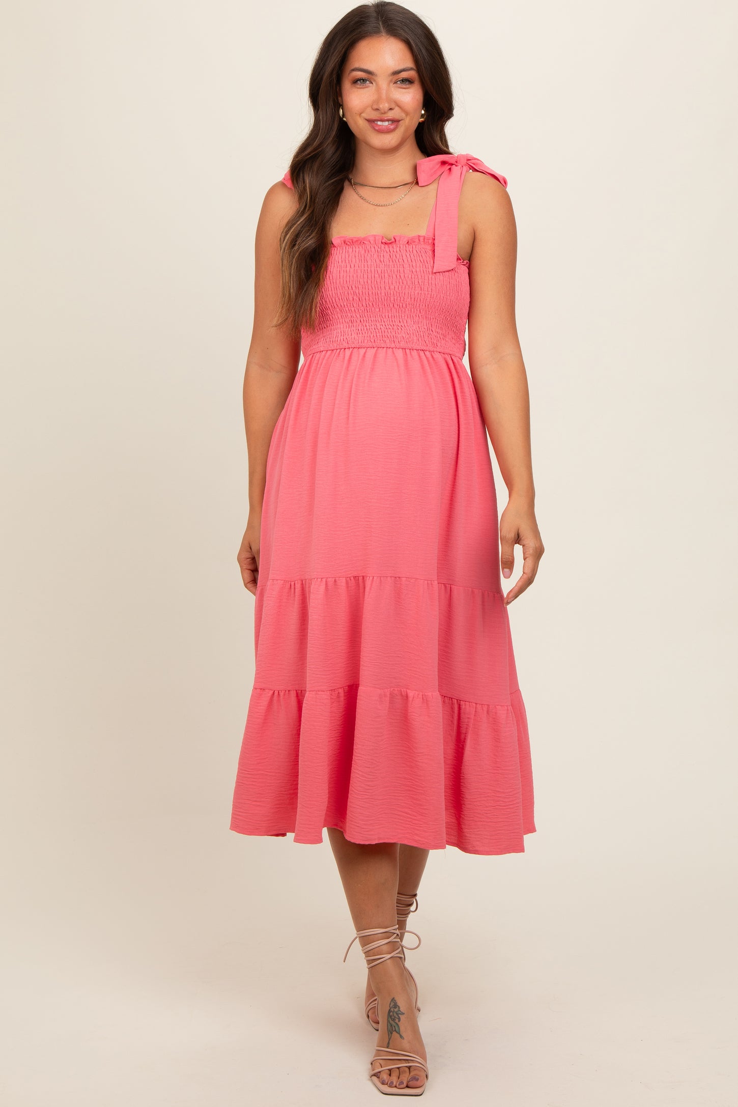 Salmon Smocked Tie Strap Tiered Maternity Midi Dress