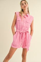 Cool Pink Button Up Cargo Romper