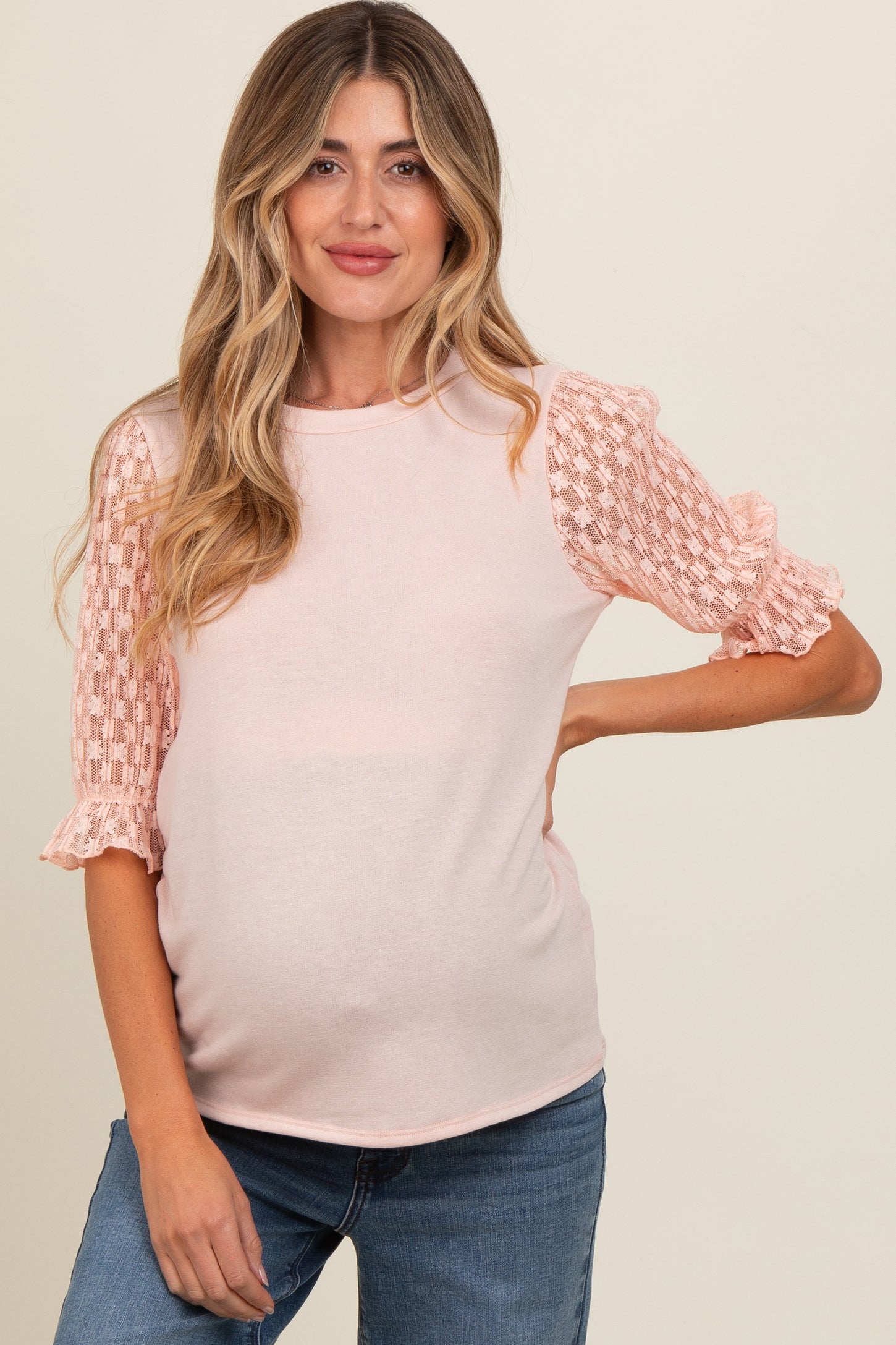Peach Mesh Floral Puff Sleeve Maternity Top