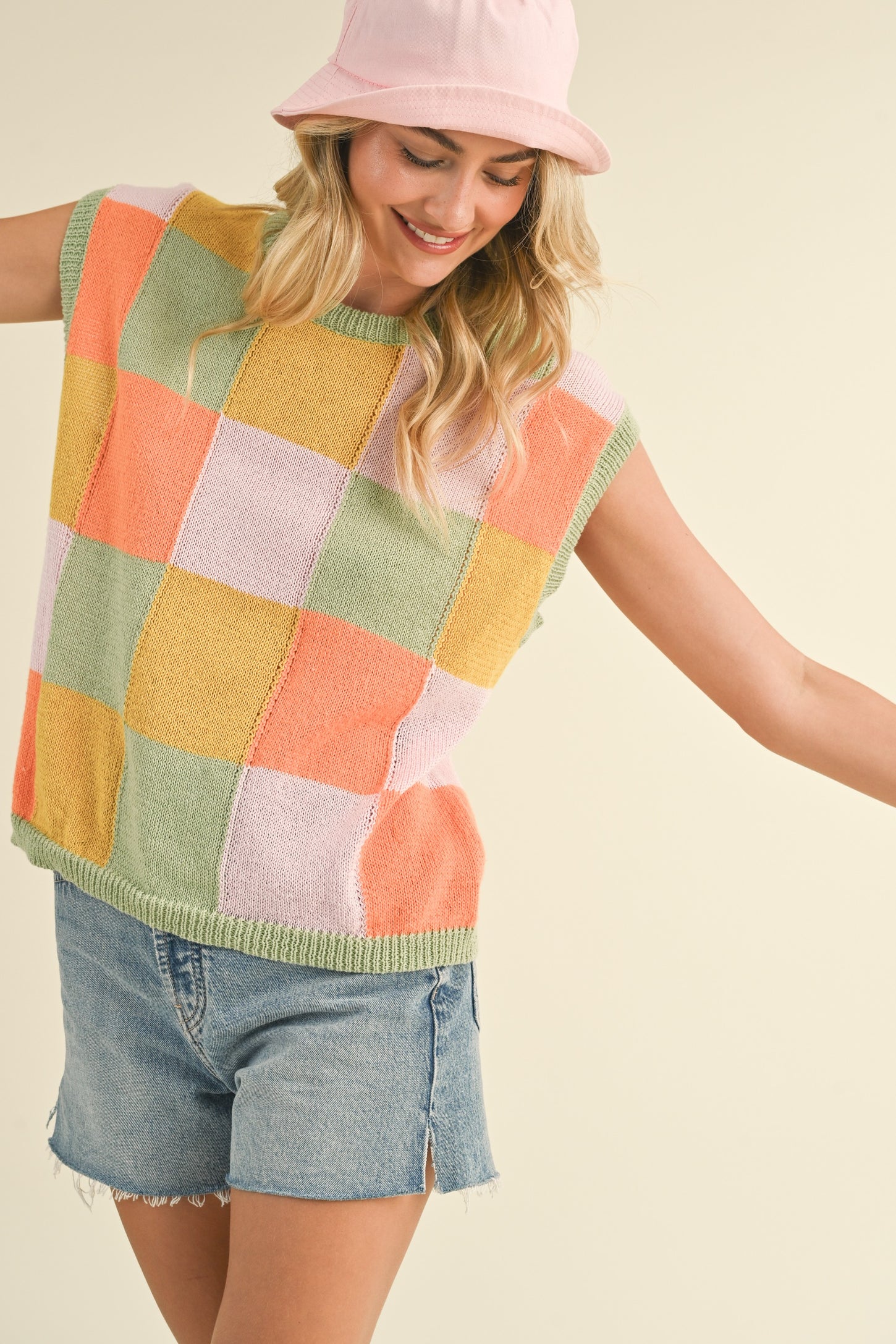 Sage Orange Multi Colorful Checkered Sweater Vest