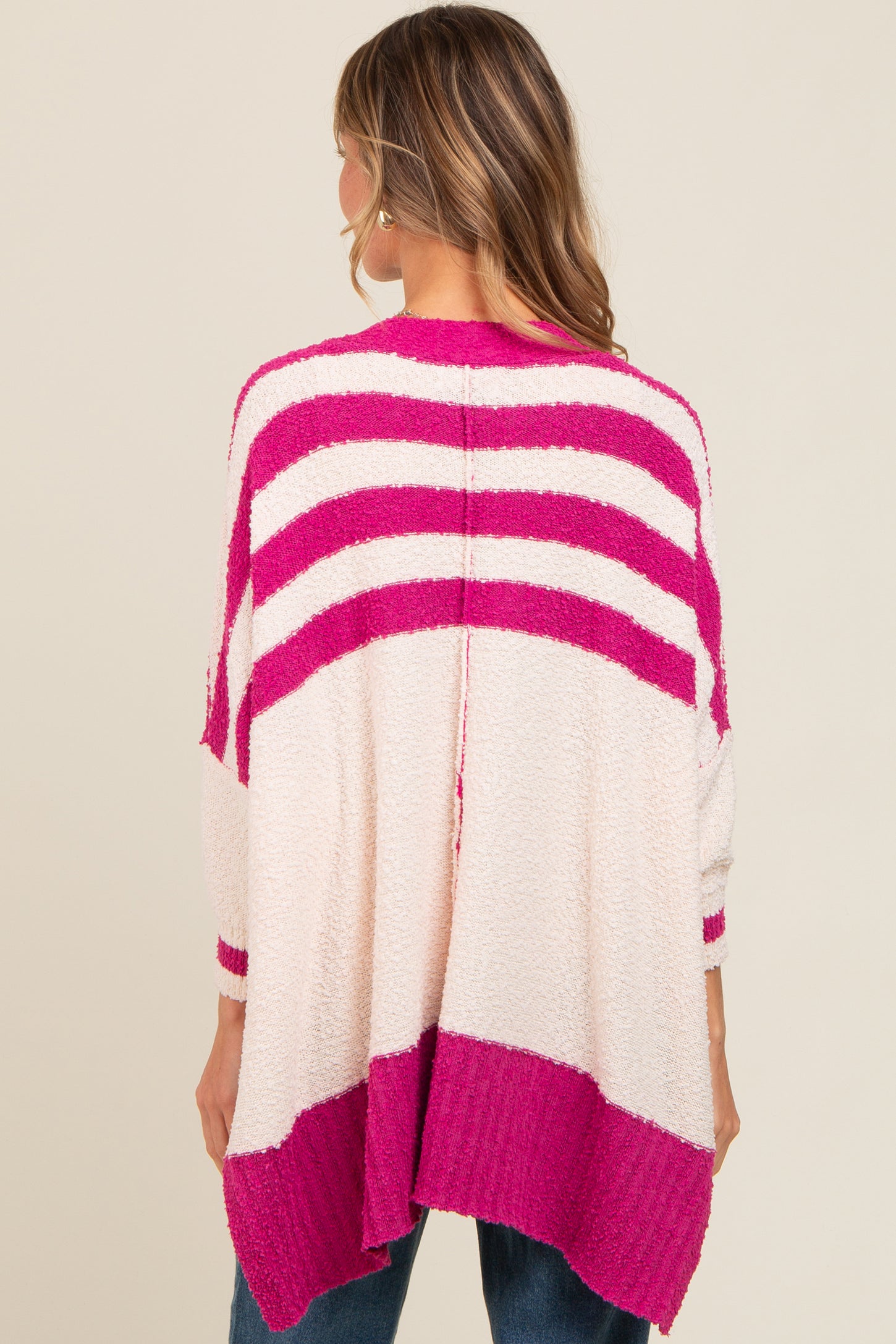 Magenta Textured Knit Striped Oversized Cardigan