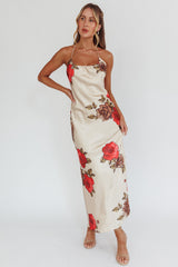 Beige Halterneck Floral Print Ruched Front Maxi Dress