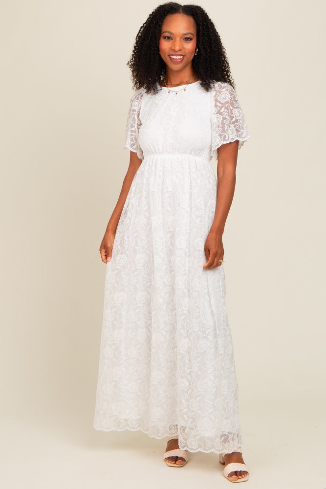 White Lace Sheer Lace Back Maternity Maxi Dress