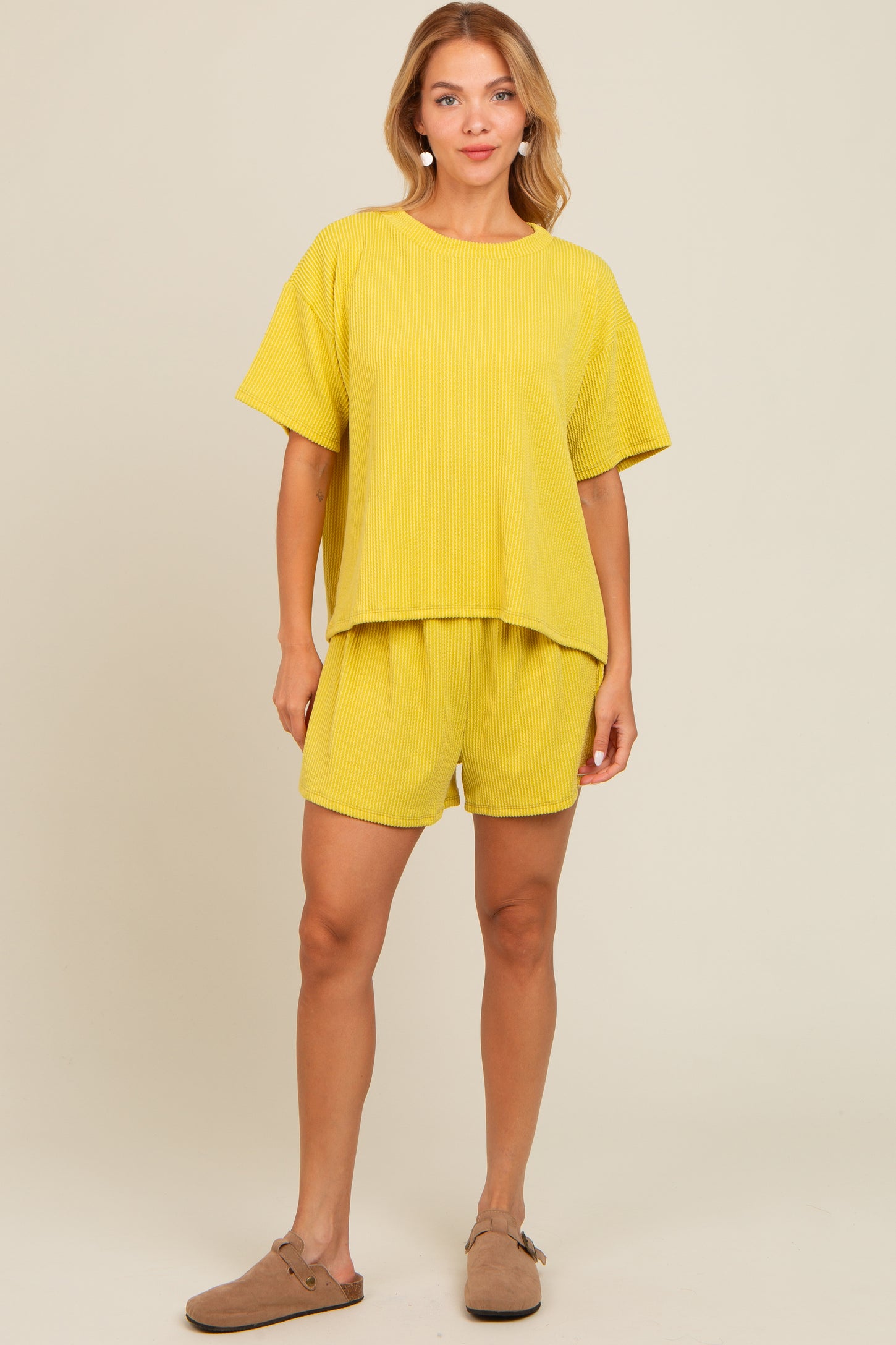 Lime Ribbed Maternity Shorts Set