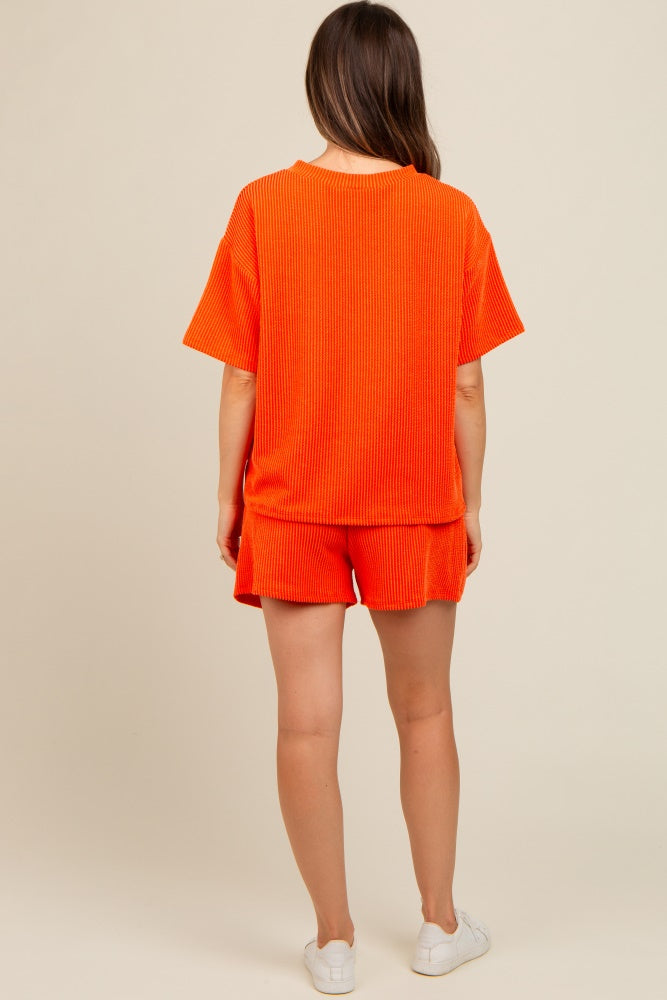Orange Ribbed Maternity Shorts Set